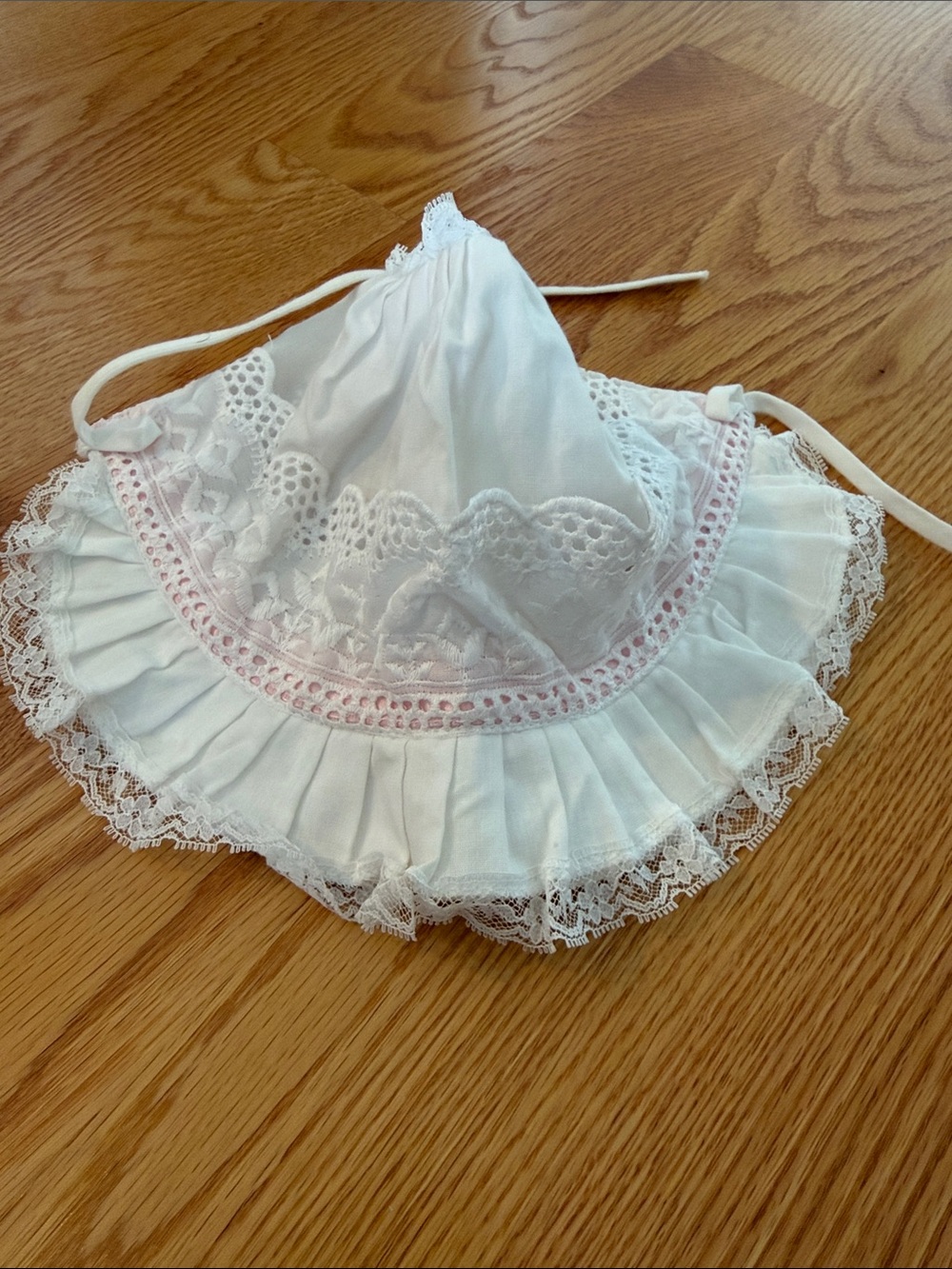 White Lace Ruffled Sun Hat with Pink Trim